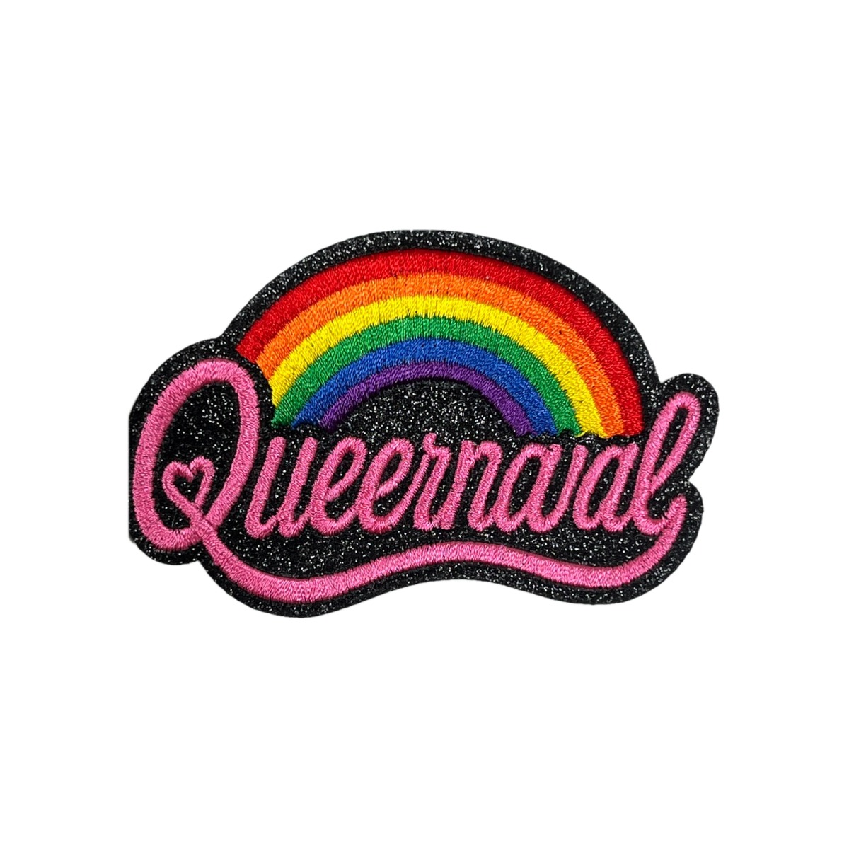 Queernaval embleem - geborduurde regenboog en roze letters op zwarte glitterstof