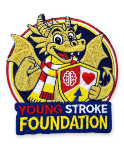 Geborduurd Young Stroke Foundation embleem met gouden draak