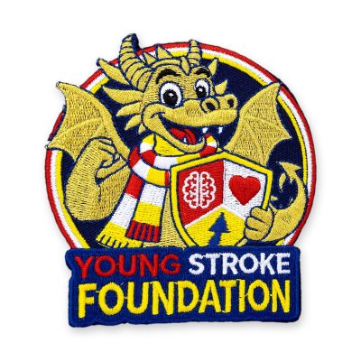 Geborduurd Young Stroke Foundation embleem met gouden draak