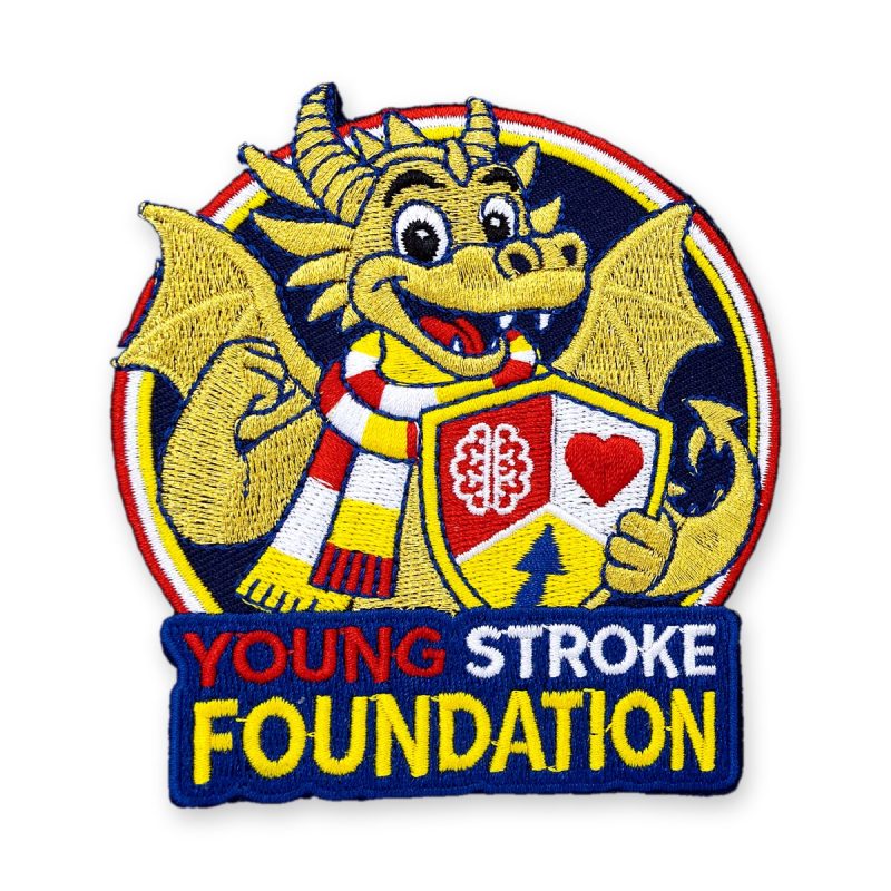 Geborduurd Young Stroke Foundation embleem met gouden draak