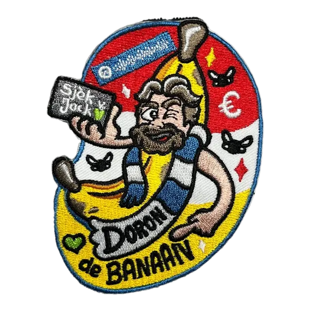 Geborduurd maatwerk embleem Doron de Banaan, gemaakt door Oeteldonk Online