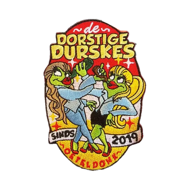 Geborduurd maatwerk embleem De Dorstige Durskes, gemaakt door Oeteldonk Online
