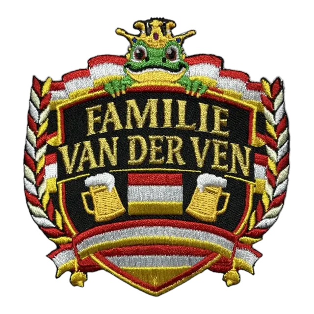 Geborduurd maatwerk embleem Familie van der Ven, gemaakt door Oeteldonk Online