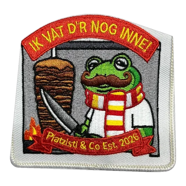 Geborduurd maatwerk embleem Ik vat d'r nog inne, gemaakt door Oeteldonk Online