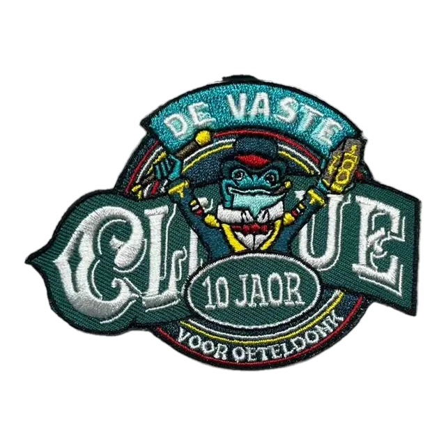 Geborduurd maatwerk embleem De Vaste Clique, gemaakt door Oeteldonk Online