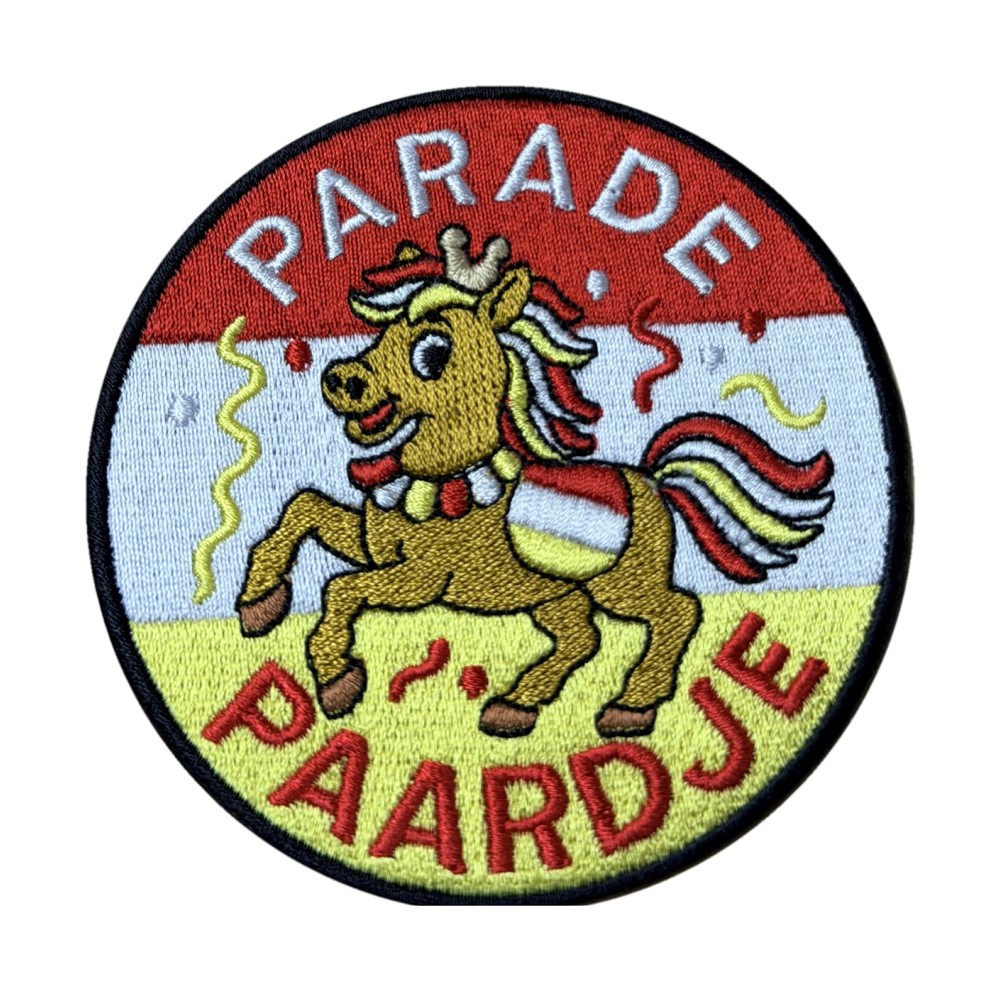 Geborduurd embleem Paradepaardje: vrolijk paardje met kroontje en rood-wit-gele manen
